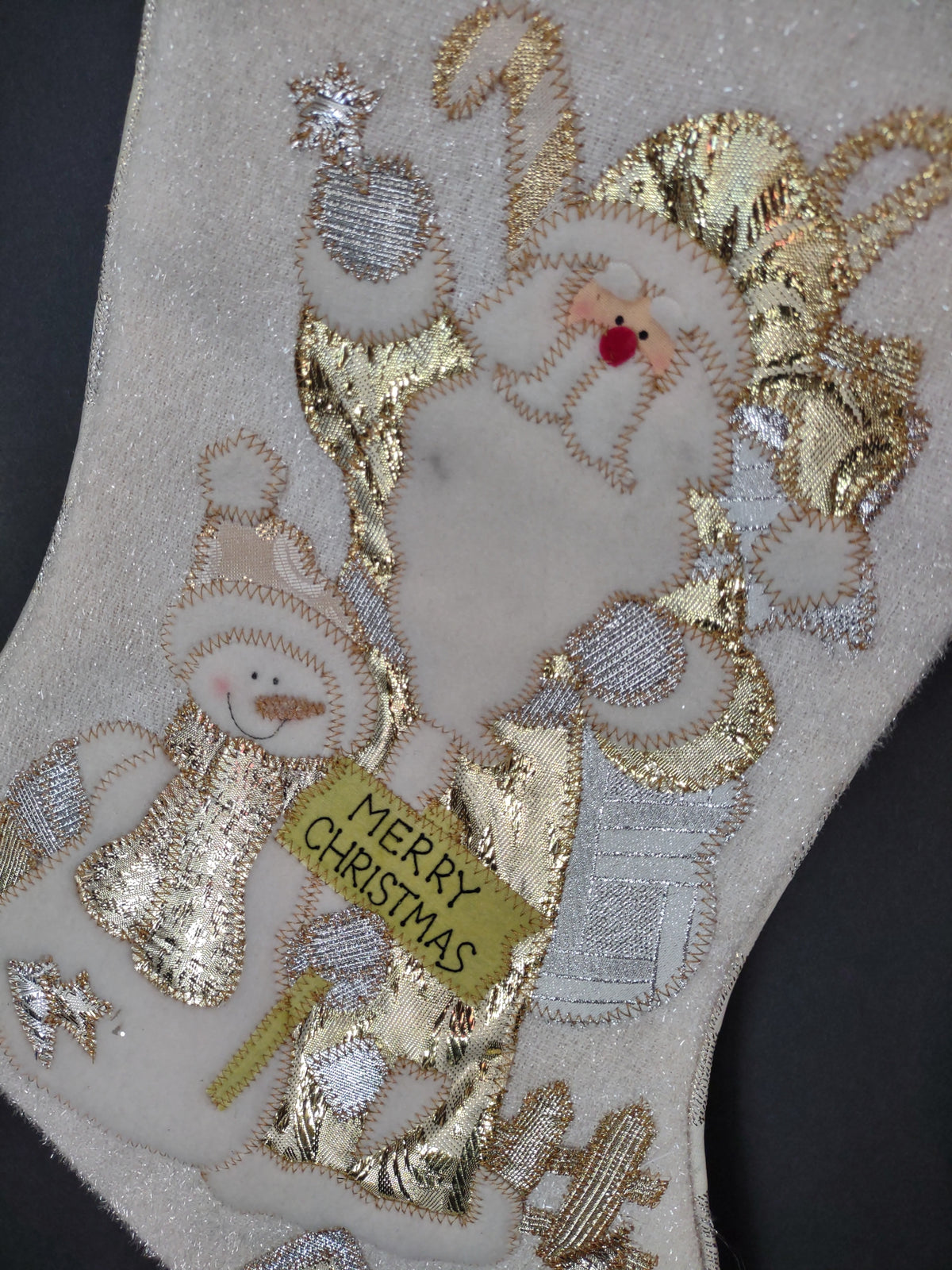 Vintage Pair Off White Gold Silver Santa Christmas Stockings Teddy Bear [4904]