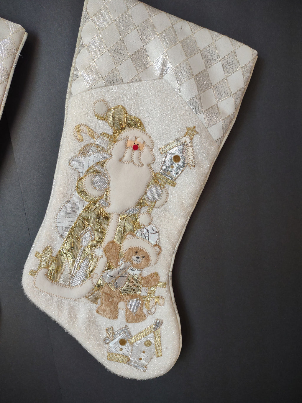 Vintage Pair Off White Gold Silver Santa Christmas Stockings Teddy Bear [4904]