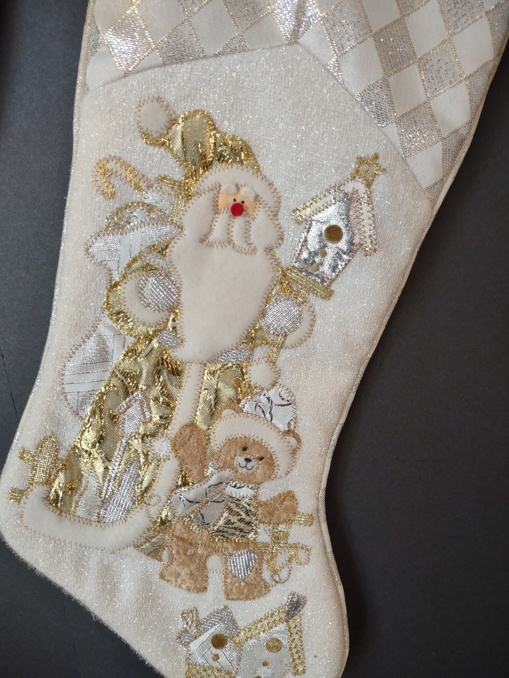 Vintage Pair Off White Gold Silver Santa Christmas Stockings Teddy Bear [4904]