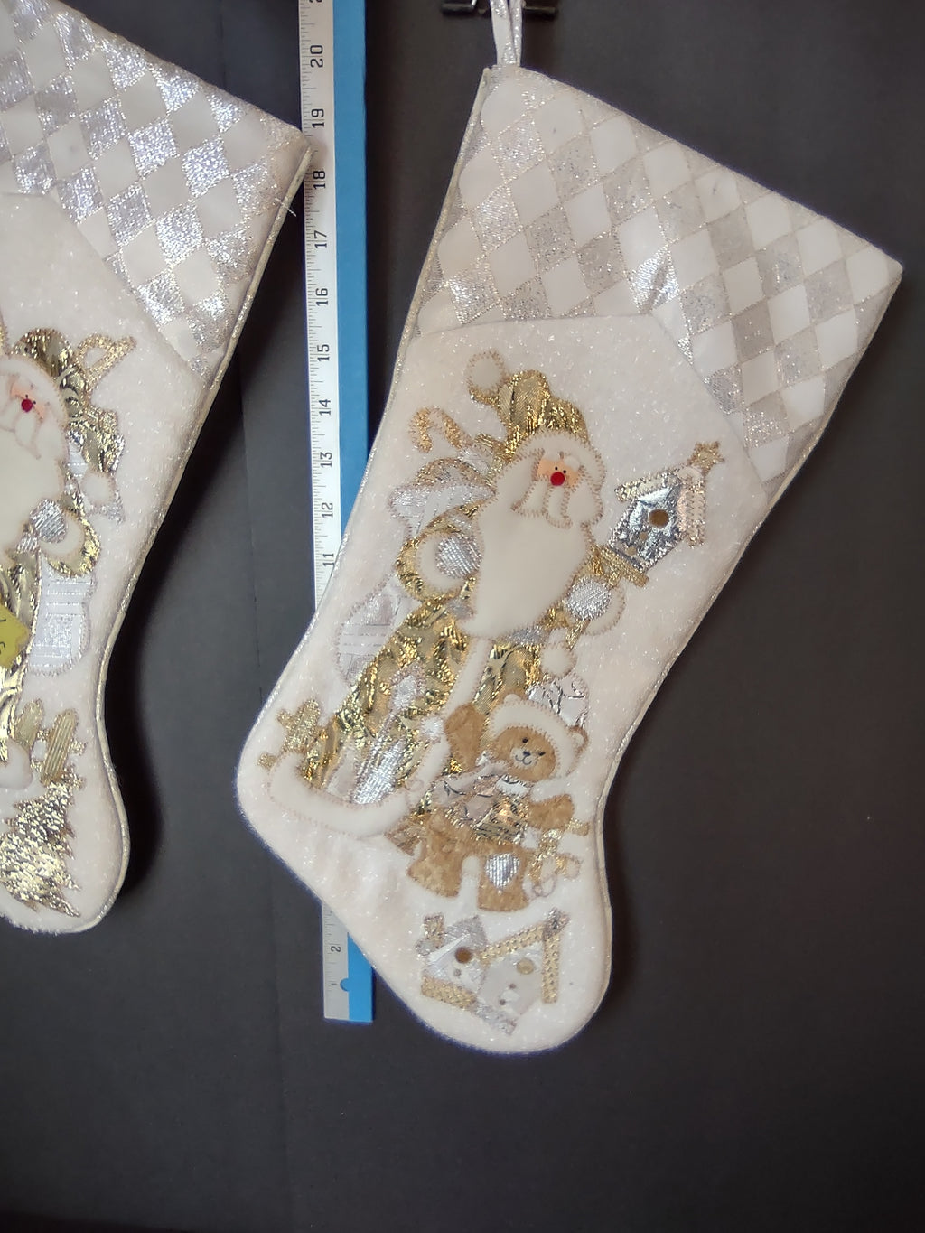 Vintage Pair Off White Gold Silver Santa Christmas Stockings Teddy Bear [4904]