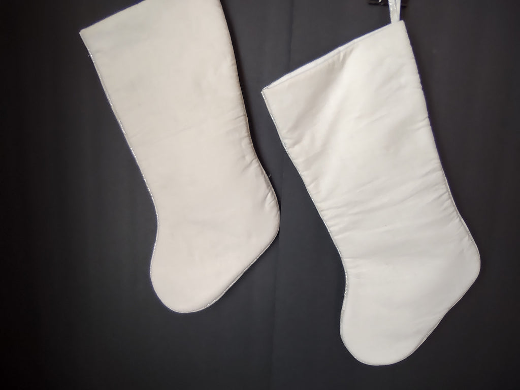 Vintage Pair Off White Gold Silver Santa Christmas Stockings Teddy Bear [4904]