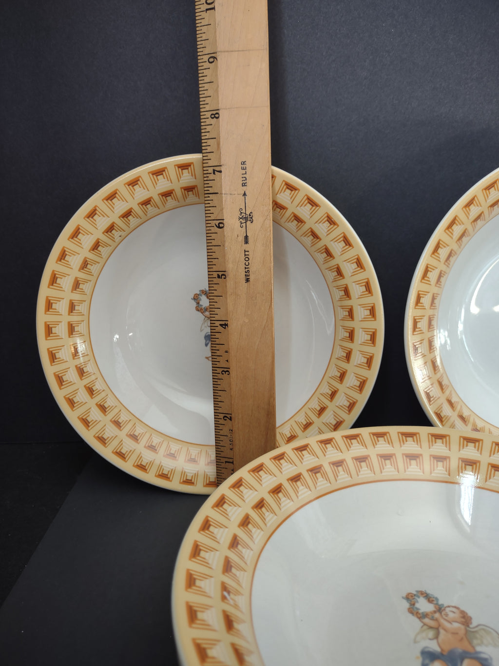 Vintage Fitz and Floyd Omnibus Americana Cherub Cereal Bowl Set 4 Yellow White [7488]