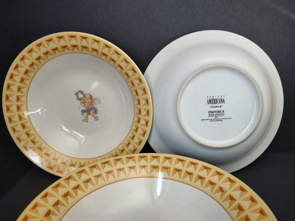Vintage Fitz and Floyd Omnibus Americana Cherub Cereal Bowl Set 4 Yellow White [7488]