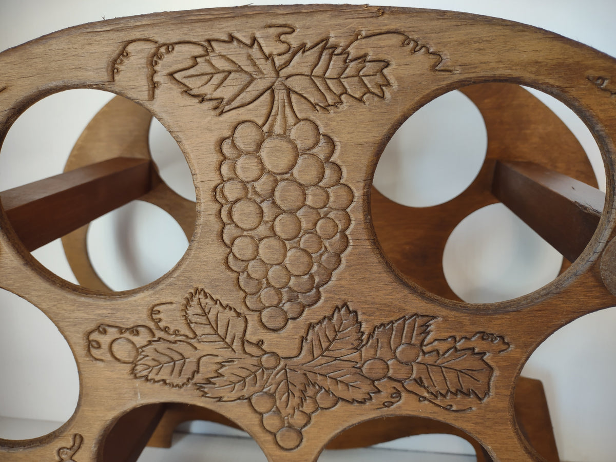 Vintage Wooden 6 Bottle Wine Rack Grape Vine Leaf Brown Tabletop Holder [7490]