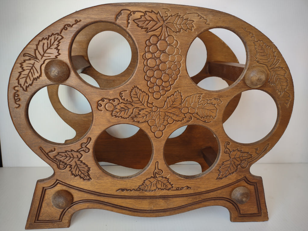 Vintage Wooden 6 Bottle Wine Rack Grape Vine Leaf Brown Tabletop Holder [7490]