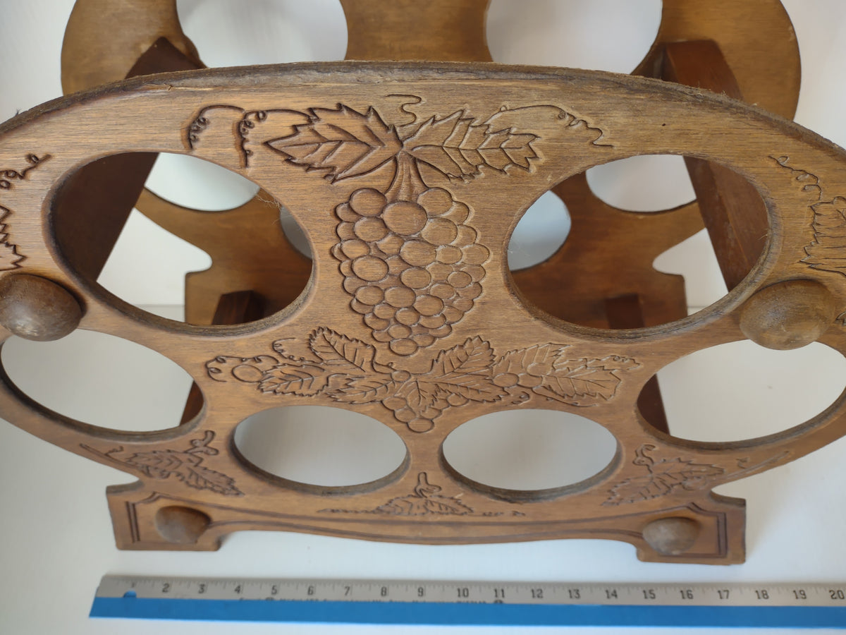 Vintage Wooden 6 Bottle Wine Rack Grape Vine Leaf Brown Tabletop Holder [7490]