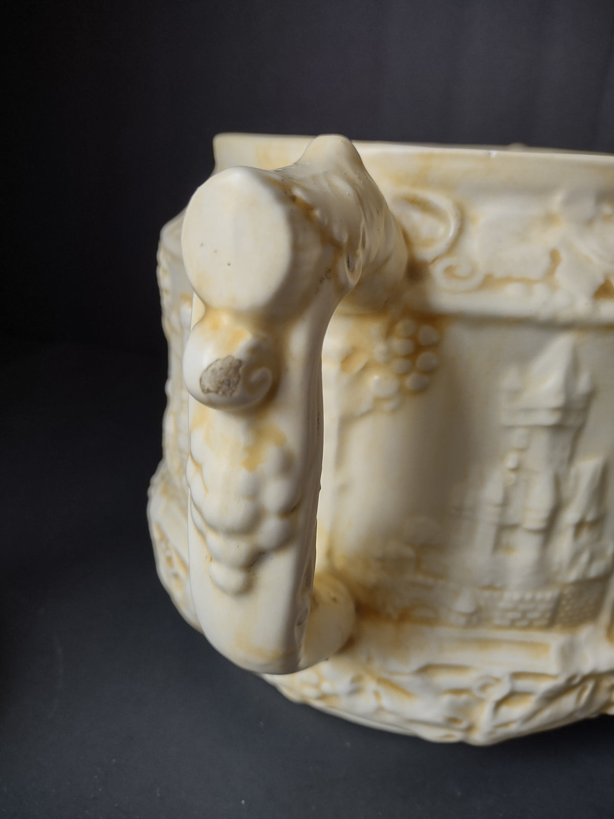 Vintage German Castles Grape Cream Relief Lidded Punch Bowl Cookie Jar [7491]