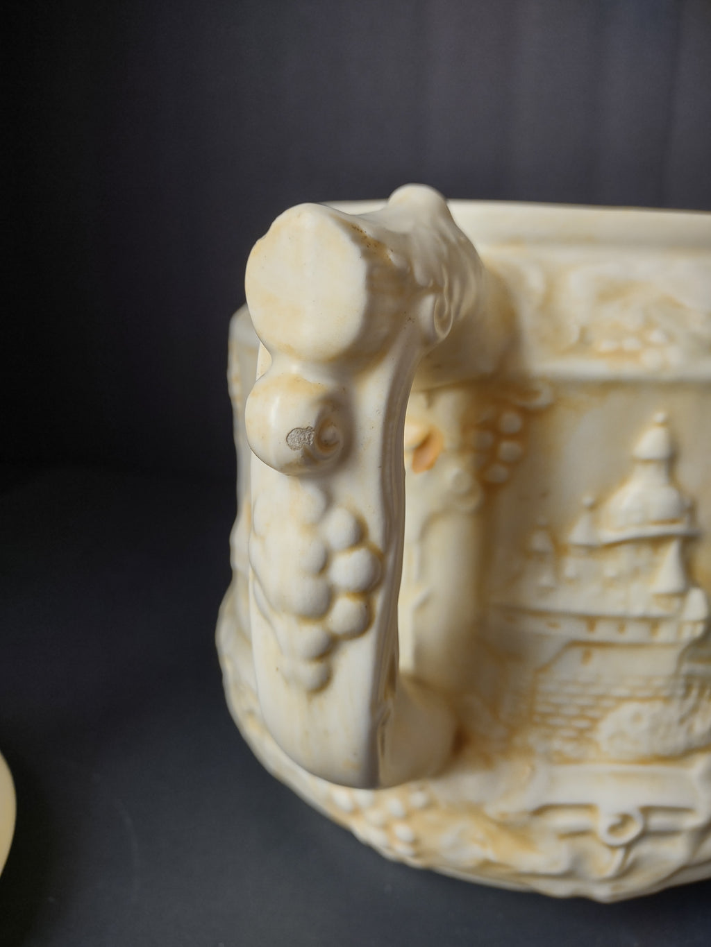 Vintage German Castles Grape Cream Relief Lidded Punch Bowl Cookie Jar [7491]
