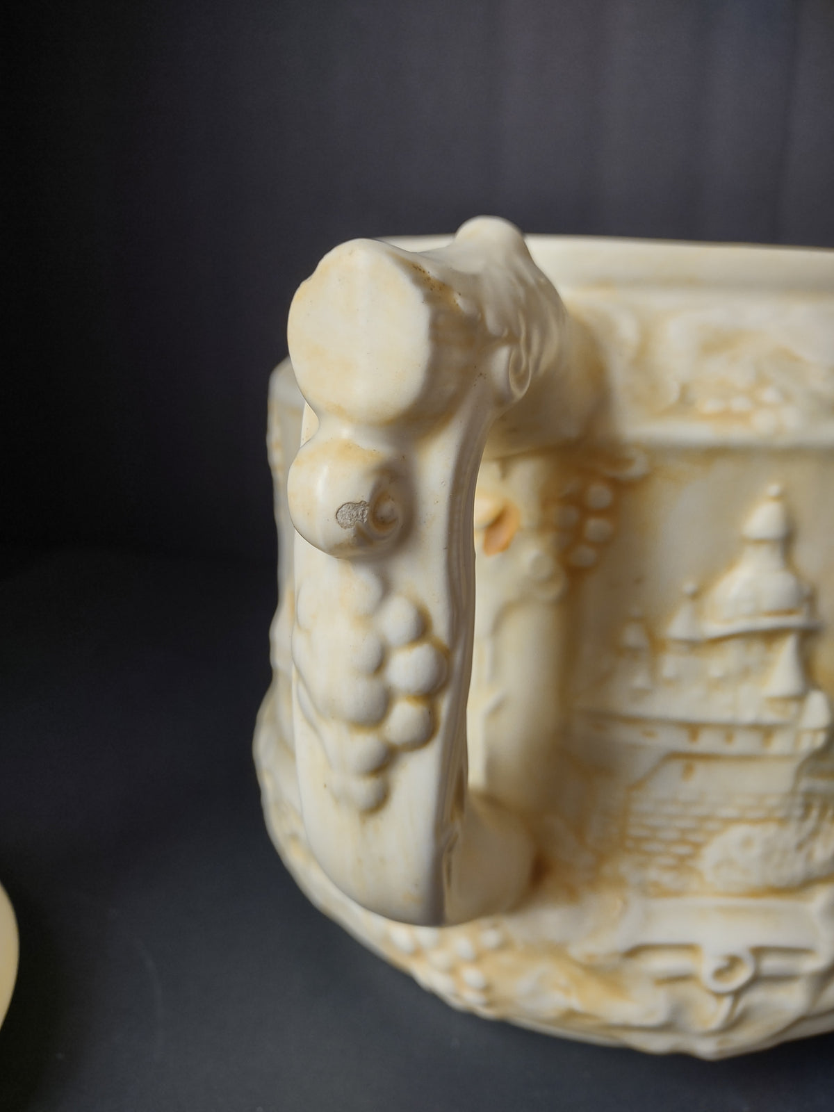 Vintage German Castles Grape Cream Relief Lidded Punch Bowl Cookie Jar [7491]