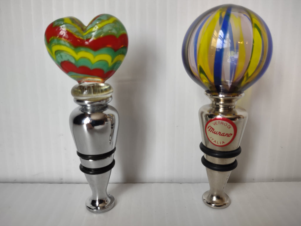 Pair of colorful heart and globe glass wine bottle stoppers