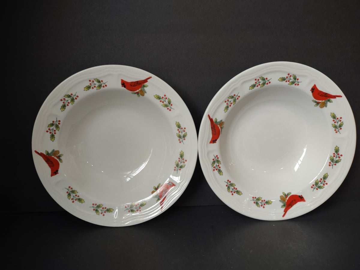 Vintage Gibson Cardinal Holly Christmas Wide Rim Soup Pasta Bowls Set of 2 [7495]