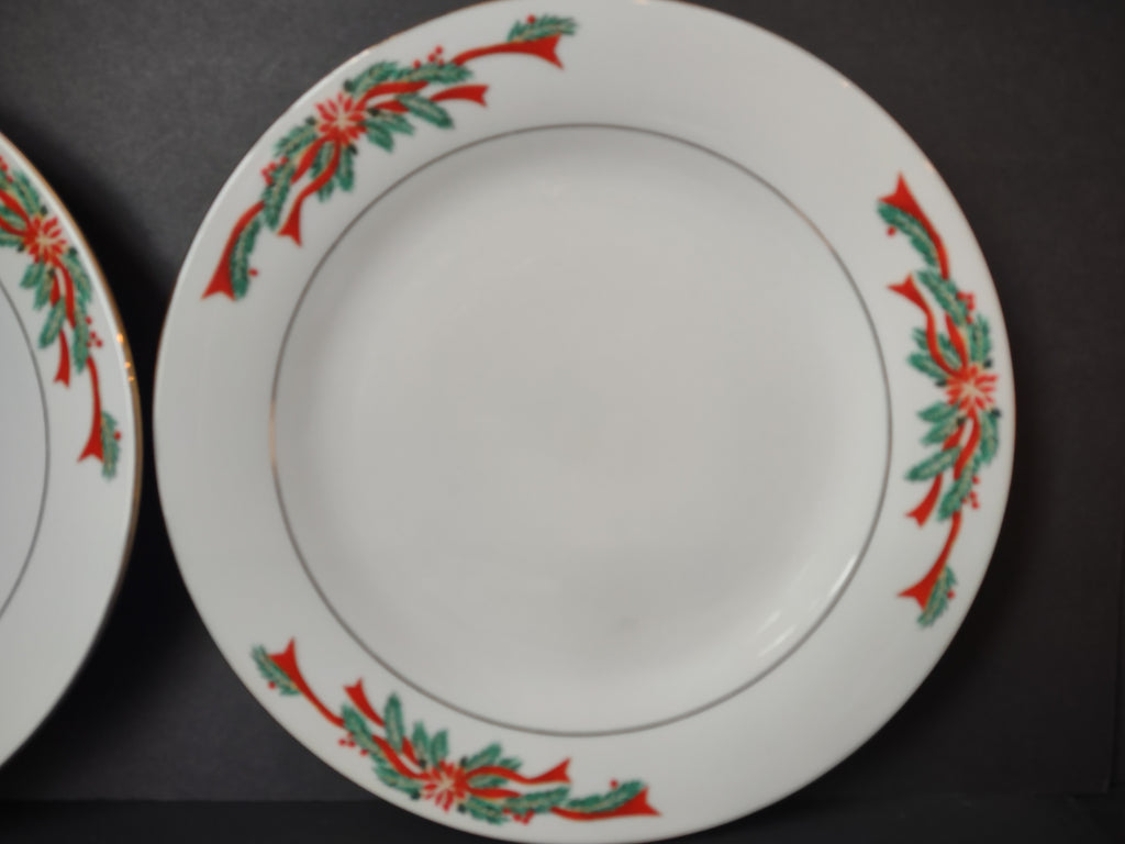 Vintage Tienshan Poinsettia Ribbon Christmas Dinner Plate Set of 2 Red Green Gold [7496]