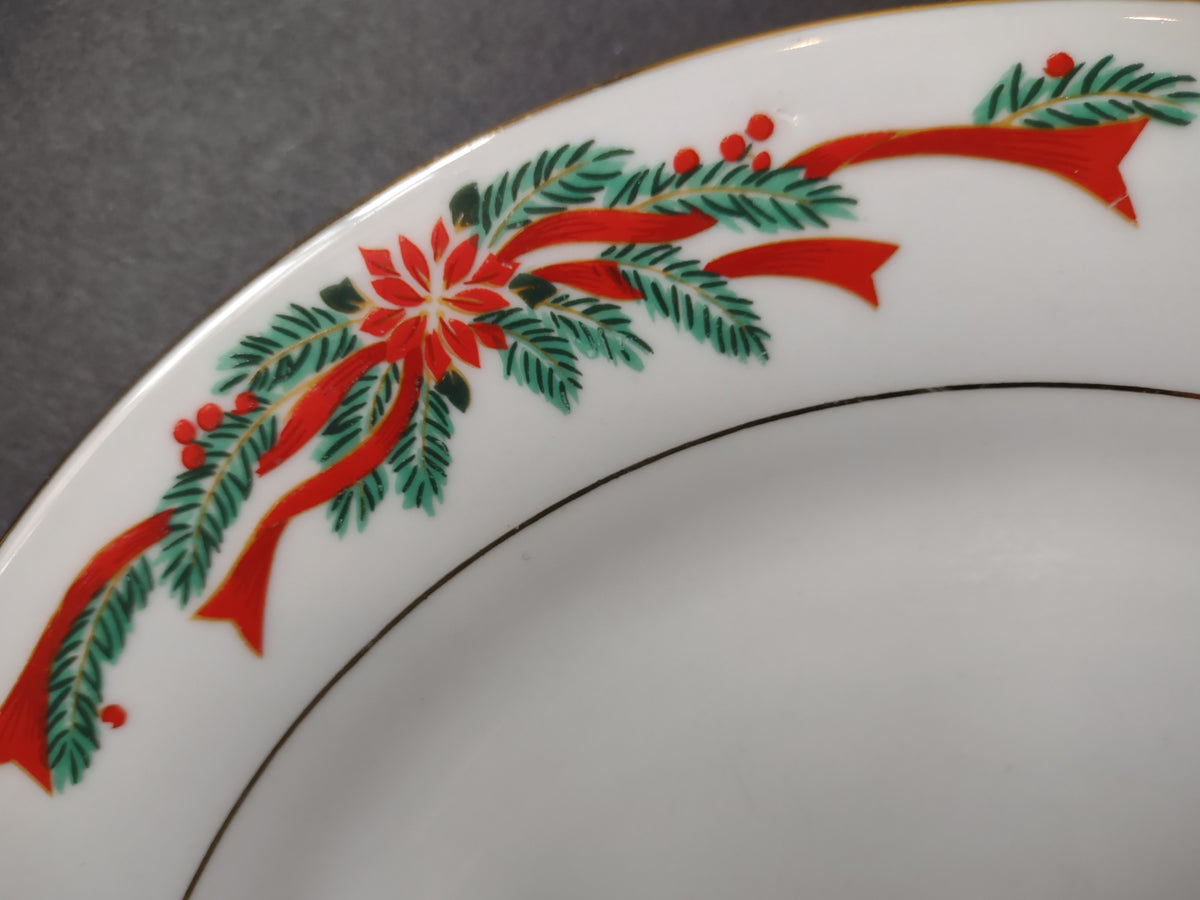 Vintage Tienshan Poinsettia Ribbon Christmas Dinner Plate Set of 2 Red Green Gold [7496]