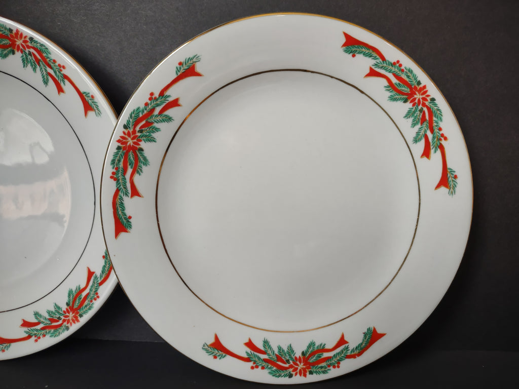 Pair of Tienshan Christmas fine china Plate pieces with poinsettias and gold trim