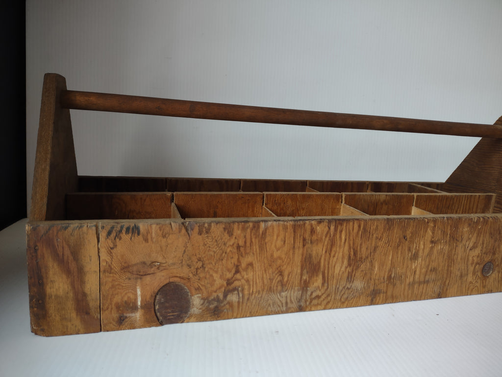 Vintage Rustic Brown Wood Divided Carrier Caddy With Handle 26 Inch [7501]