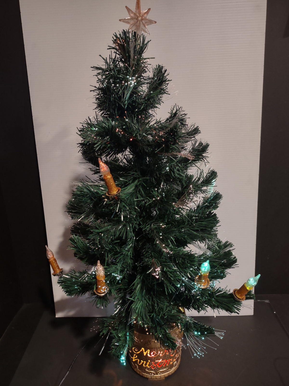 Vintage 32" Fiber Optic Christmas Tree Lighted Star Merry Christmas Base [4905]