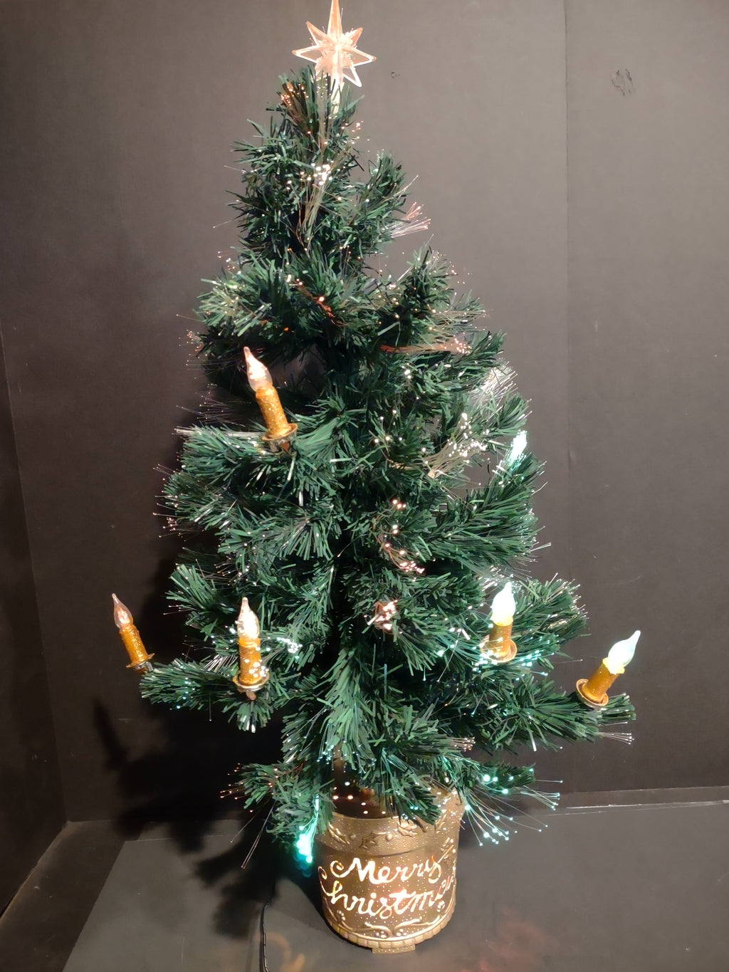 Vintage 32" Fiber Optic Christmas Tree Lighted Star Merry Christmas Base [4905]