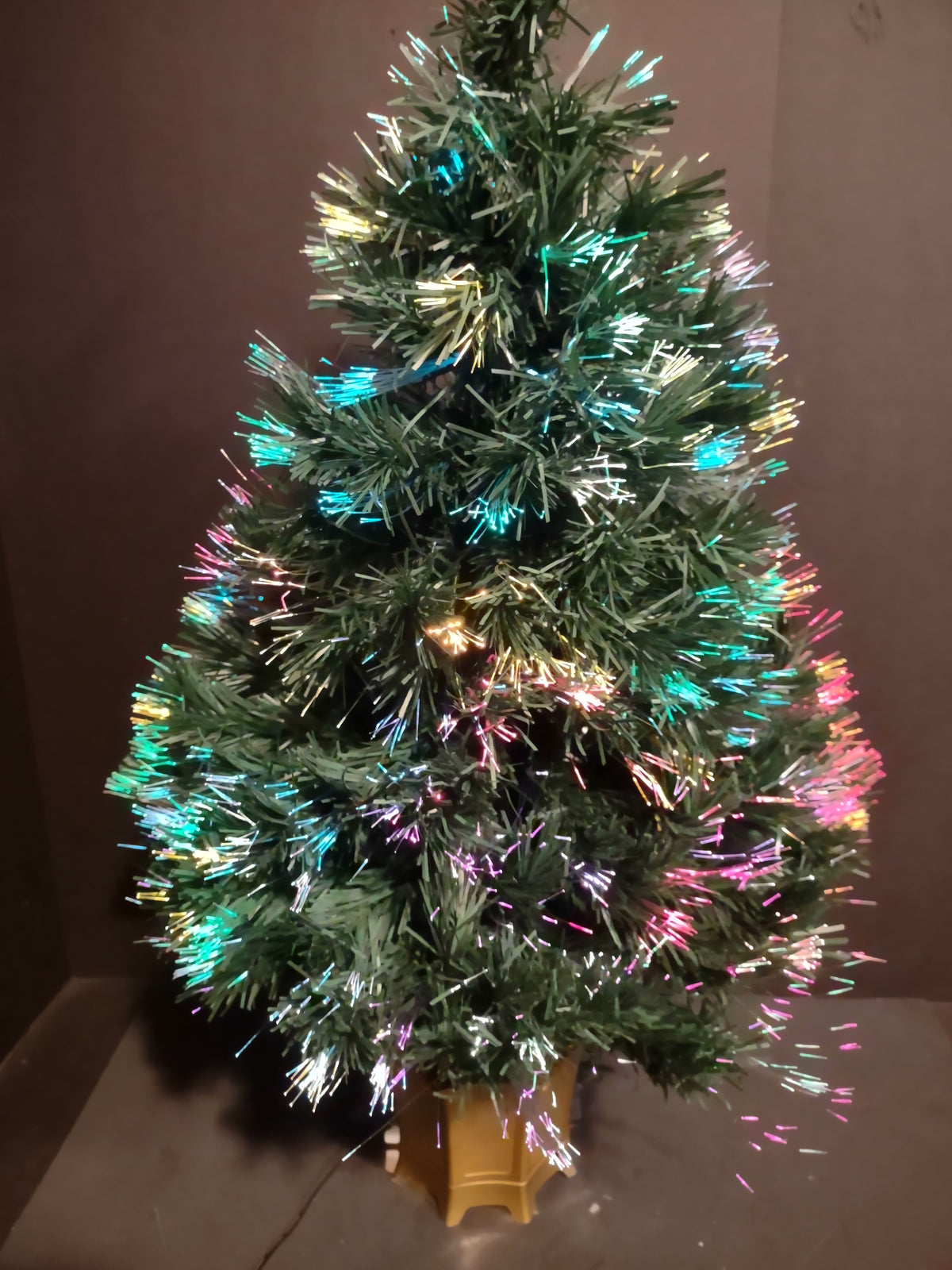 Vintage Fiber Optic Christmas Tree Pink Blue Gold Lights Gold Tone Base [4906]