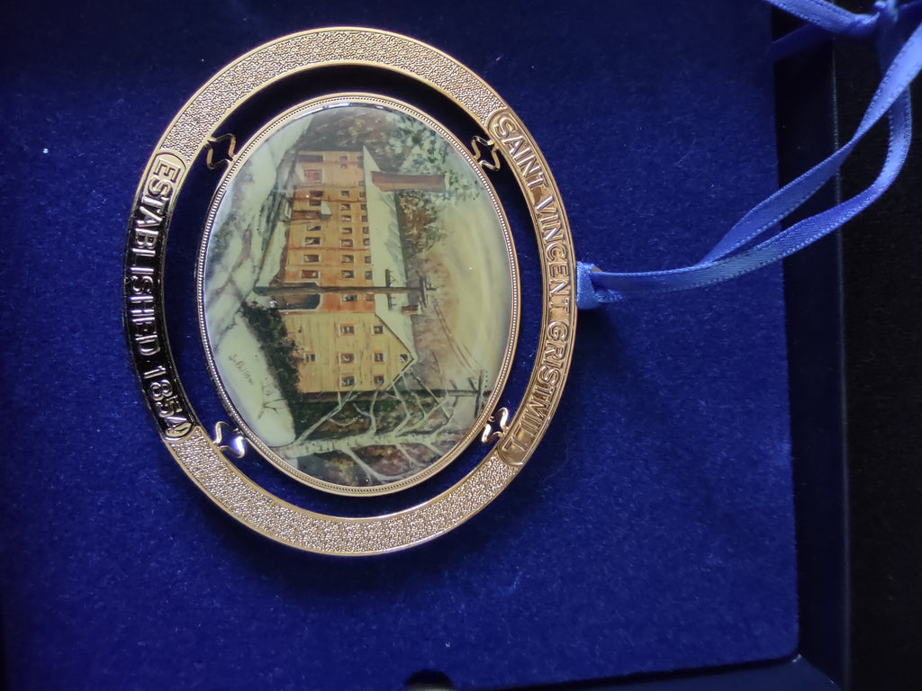 Vintage Saint Vincent Gristmill Gold Tone Winter Scene Christmas Ornament [7506]