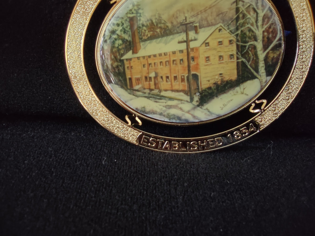 Vintage Saint Vincent Gristmill Gold Tone Winter Scene Christmas Ornament [7506]
