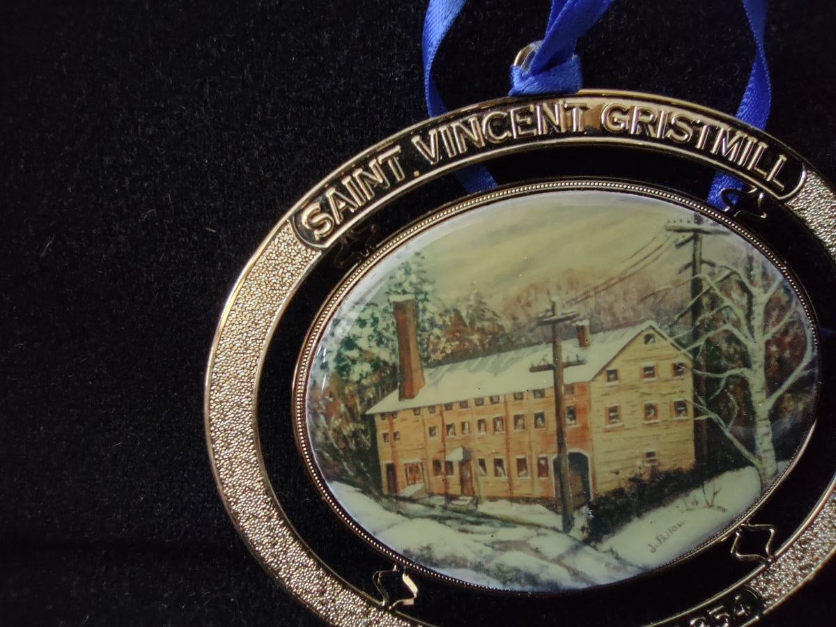 Vintage Saint Vincent Gristmill Gold Tone Winter Scene Christmas Ornament [7506]