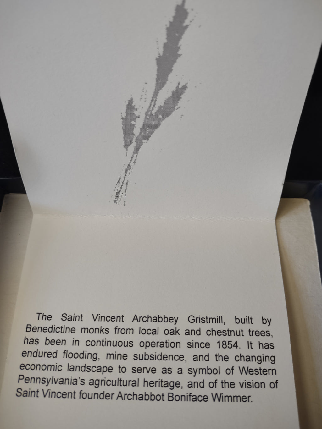 Information insert describing Saint Vincent Archabbey Gristmill history