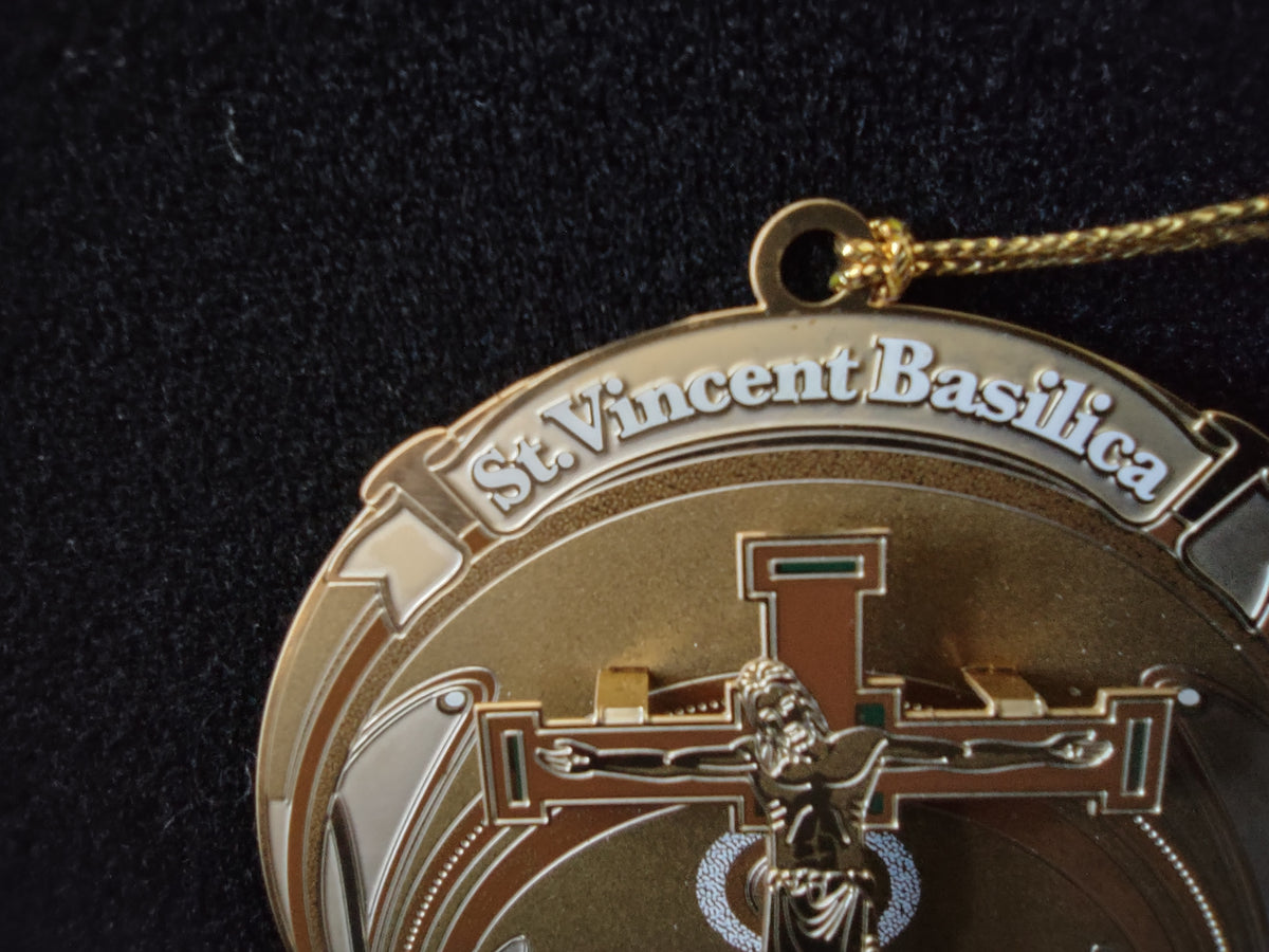 Saint Vincent Basilica crucifix ornament in red-lined presentation box