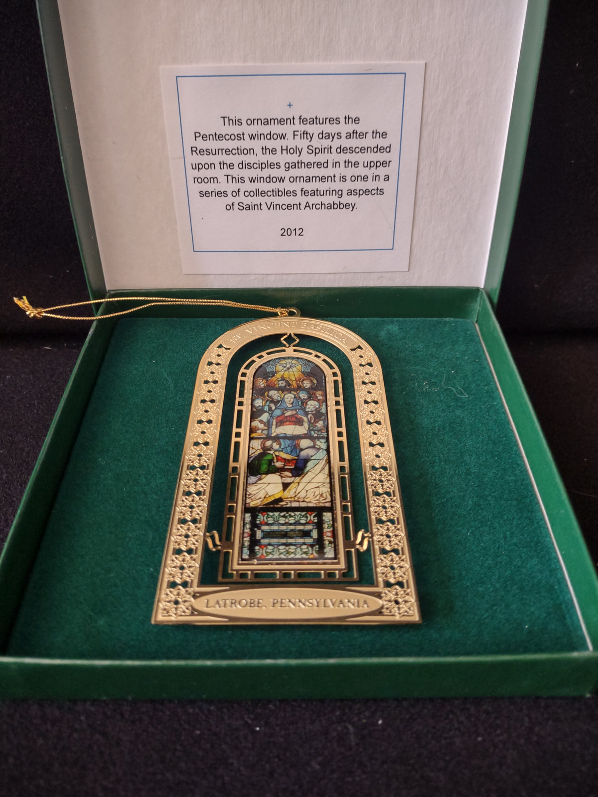 Saint Vincent Basilica Pentecost window ornament in green presentation box