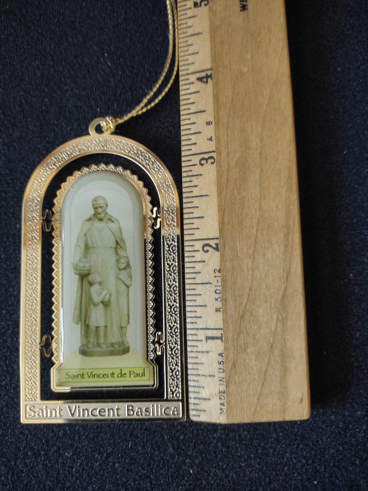Saint Vincent Basilica ornament beside a ruler showing approximately 3-1/2 inches tall