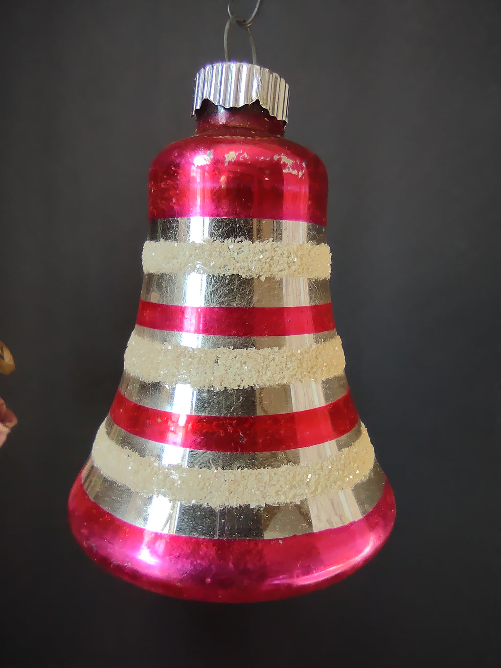 Vintage Shiny Brite Pink Silver White Glitter Glass Bell Christmas Ornament [8146n]