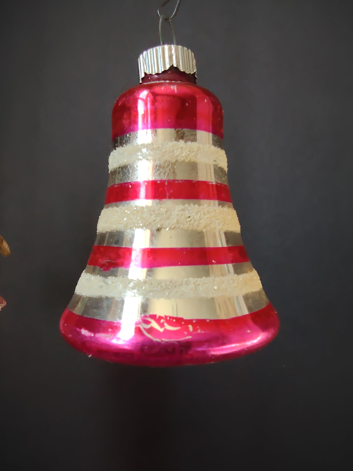 Vintage Shiny Brite Pink Silver White Glitter Glass Bell Christmas Ornament [8146n]