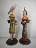 Vintage Thanksgiving Painted Metal Native American Figures Turkey Candle Holders Set [8147n]