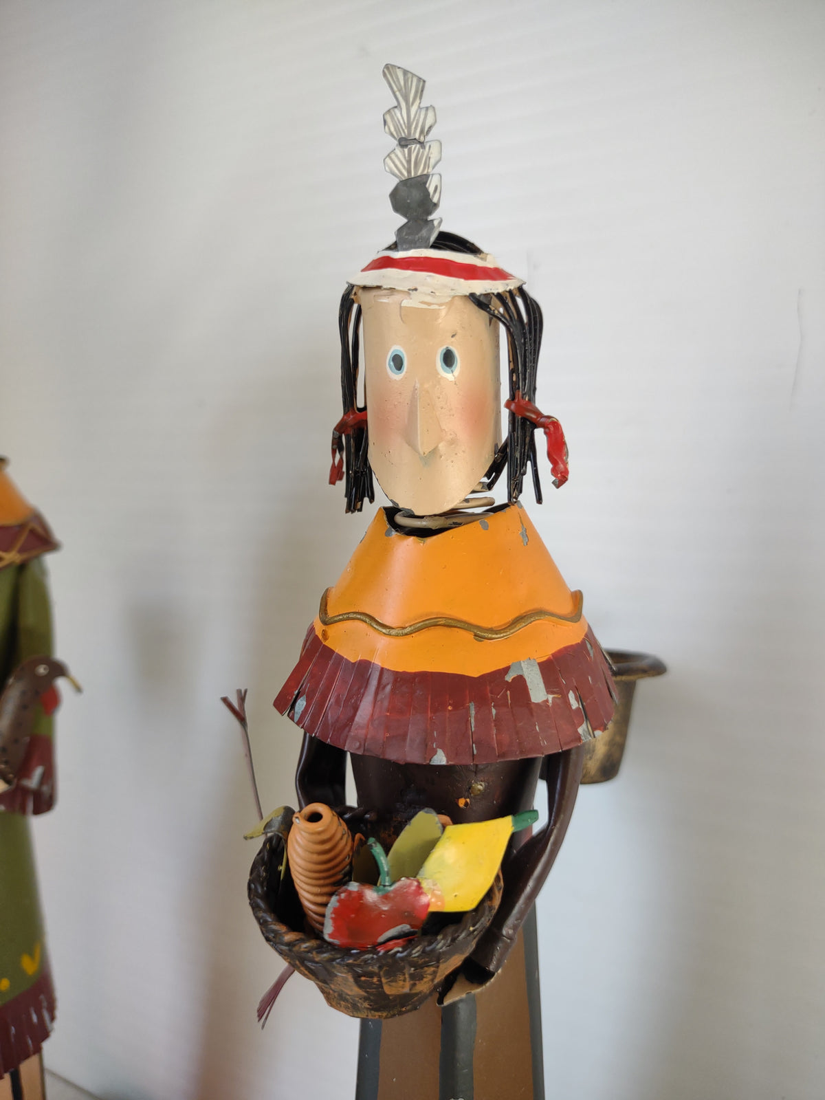 Vintage Thanksgiving Painted Metal Native American Figures Turkey Candle Holders Set [8147n]