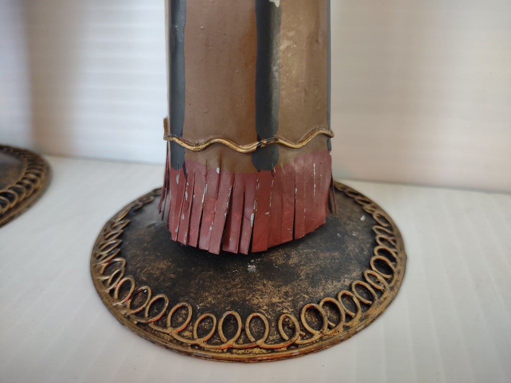 Vintage Thanksgiving Painted Metal Native American Figures Turkey Candle Holders Set [8147n]