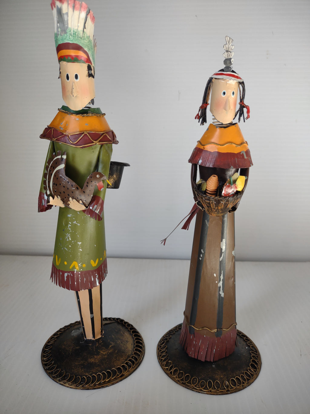 Vintage Thanksgiving Painted Metal Native American Figures Turkey Candle Holders Set [8147n]