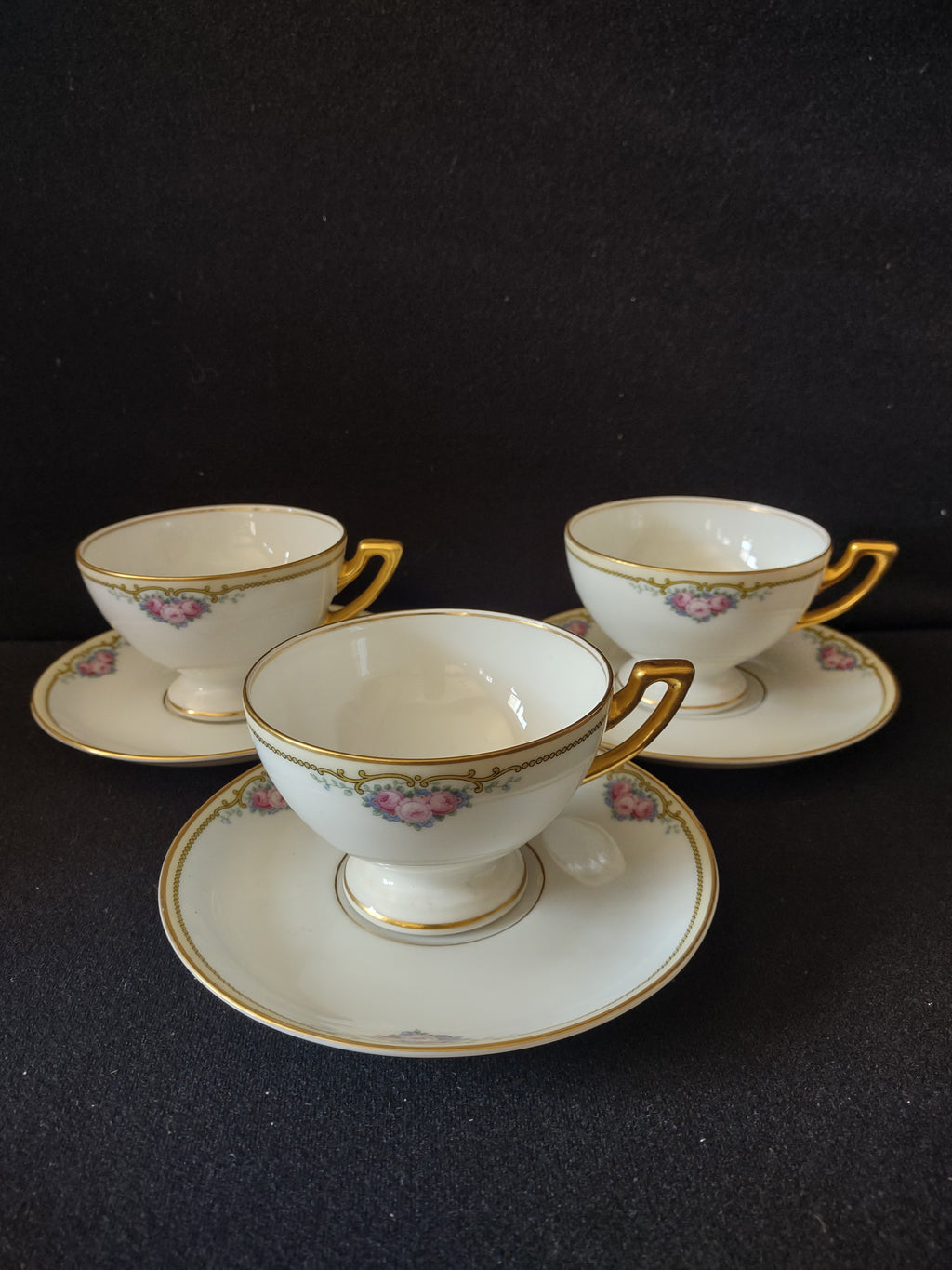 Three vintage Bavaria Roseland pink rose cups and matching gold trimmed saucers