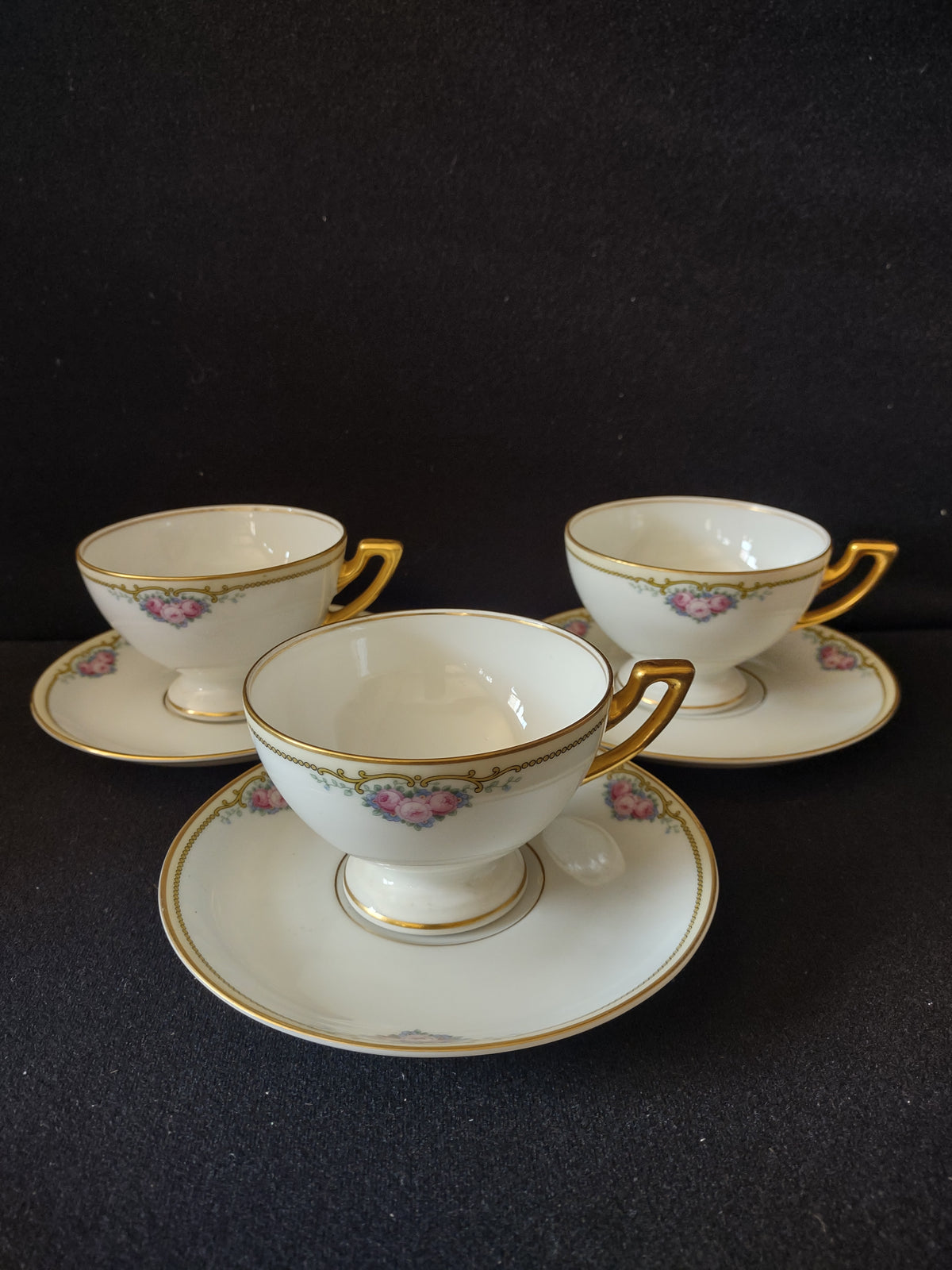 Three vintage Bavaria Roseland pink rose cups and matching gold trimmed saucers