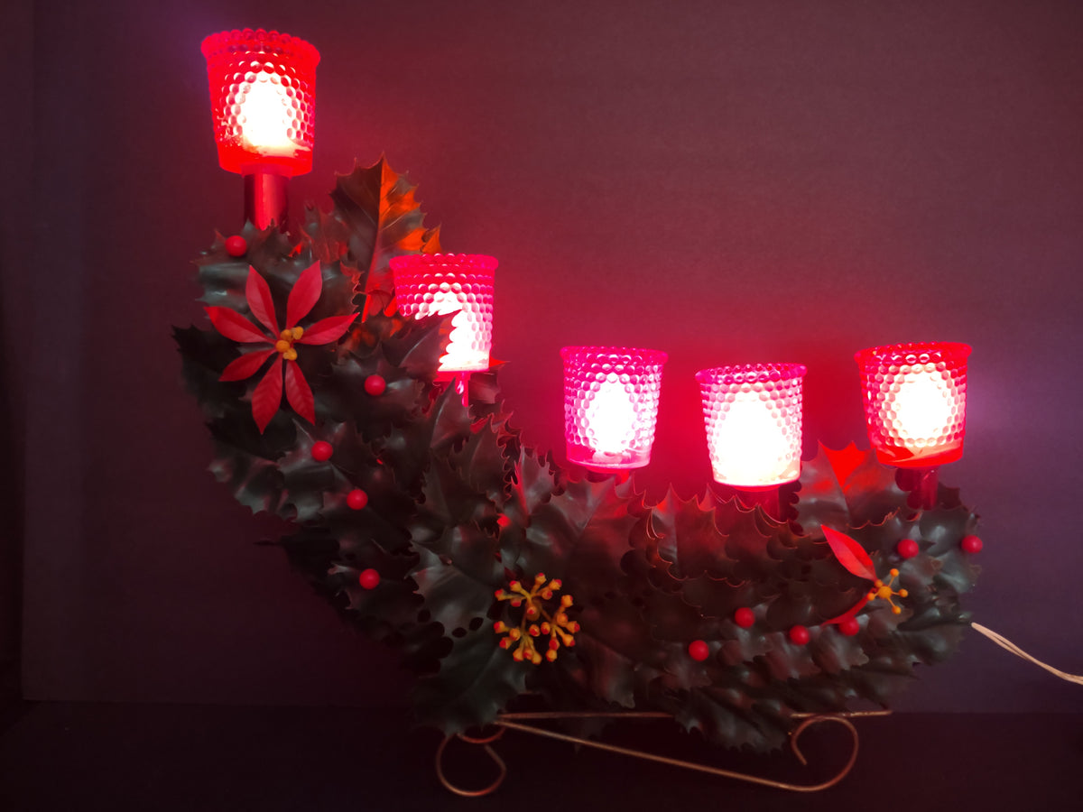 Vintage Christmas 5 Light Red & Green Holly Poinsettia Candelabra [8150n]