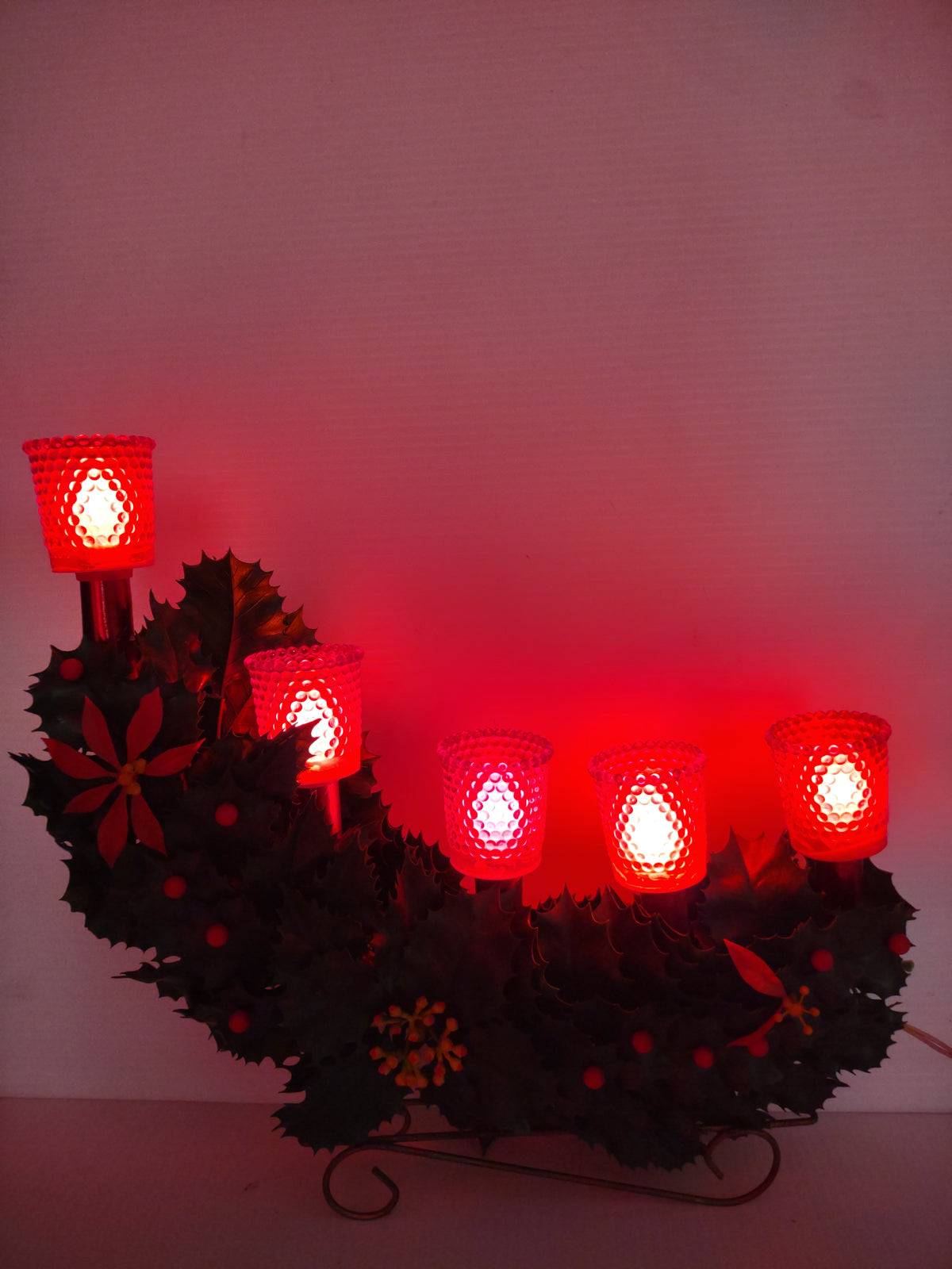 Vintage Christmas 5 Light Red & Green Holly Poinsettia Candelabra [8150n]