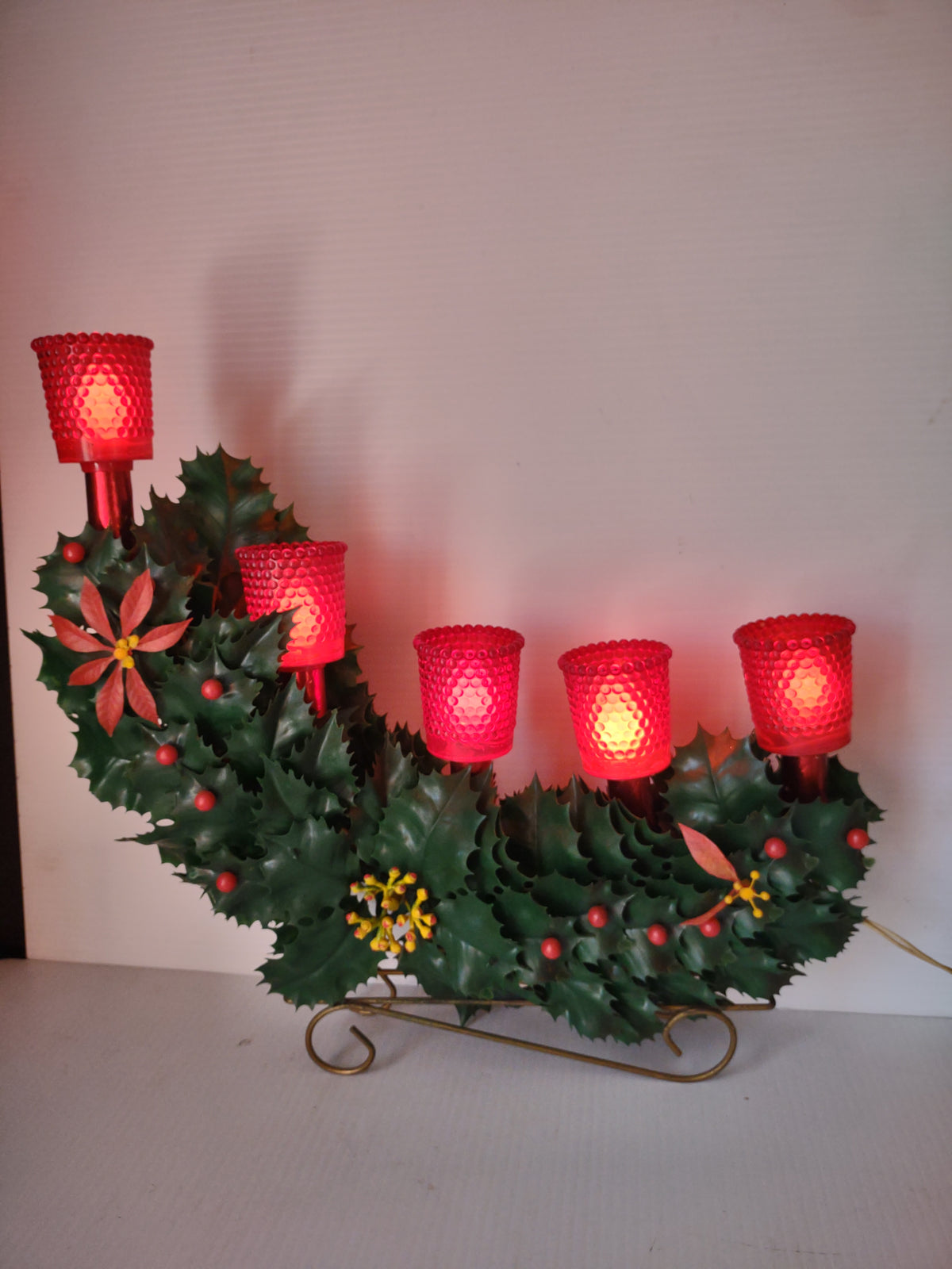 Vintage Christmas 5 Light Red & Green Holly Poinsettia Candelabra [8150n]