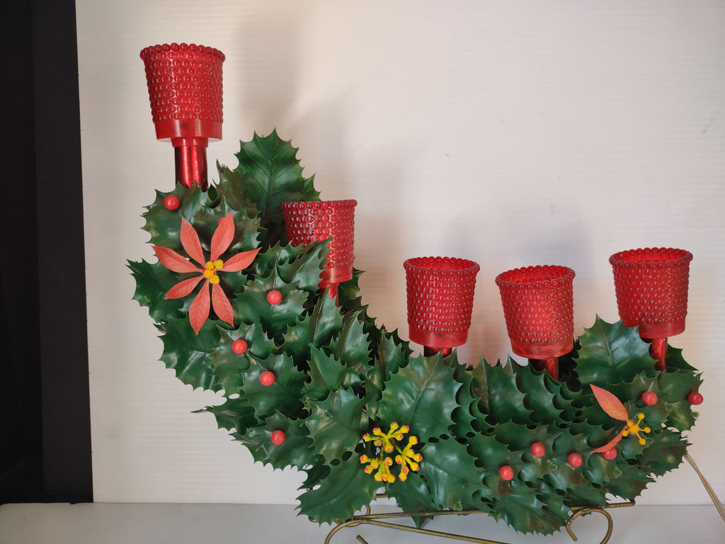 Vintage Christmas 5 Light Red & Green Holly Poinsettia Candelabra [8150n]