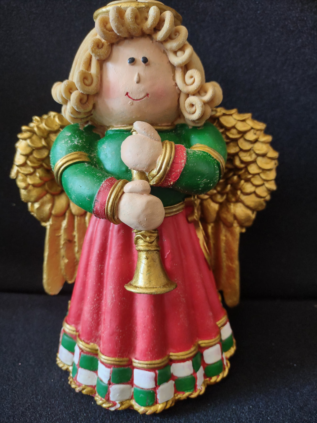 Vintage Set of 3 Red Green & Gold Christmas Angel Musician Figurines [8157n]
