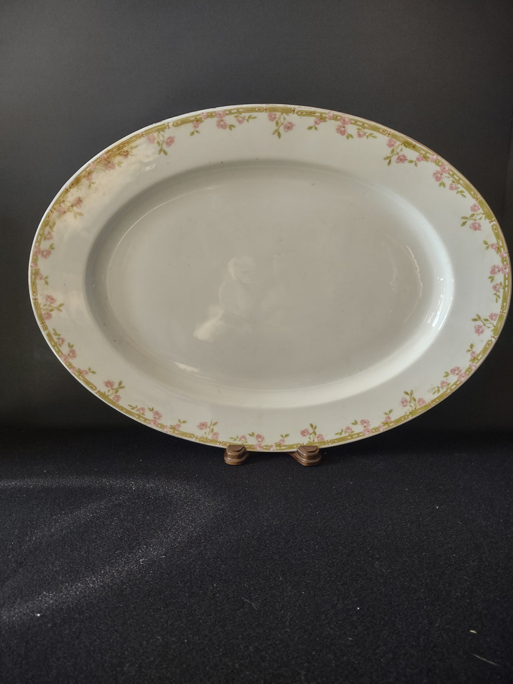 Vintage 15.5" Z S & Co Bavaria Pink Rose Green Border Oval Platter [7528]