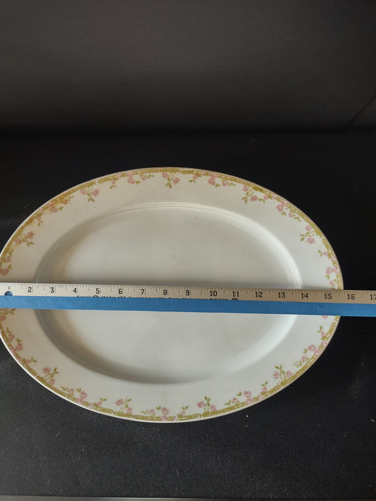 Vintage 15.5" Z S & Co Bavaria Pink Rose Green Border Oval Platter [7528]