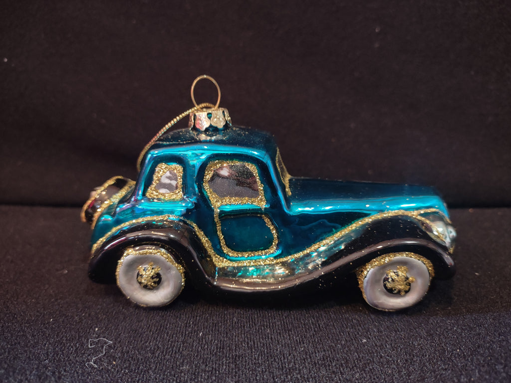 Side view of turquoise car Christmas ornament