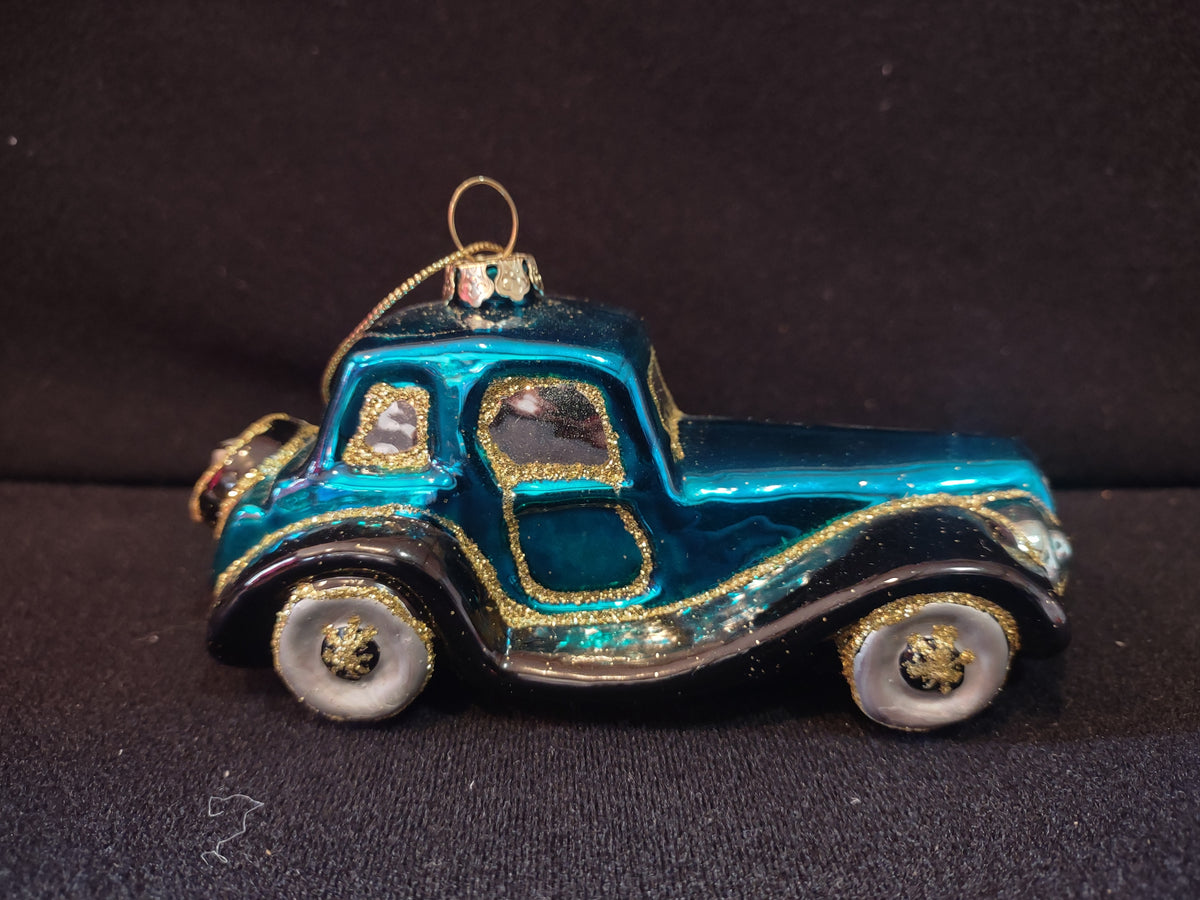 Side view of turquoise car Christmas ornament