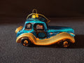 Teal blue and gold vintage car glass Christmas ornament side view