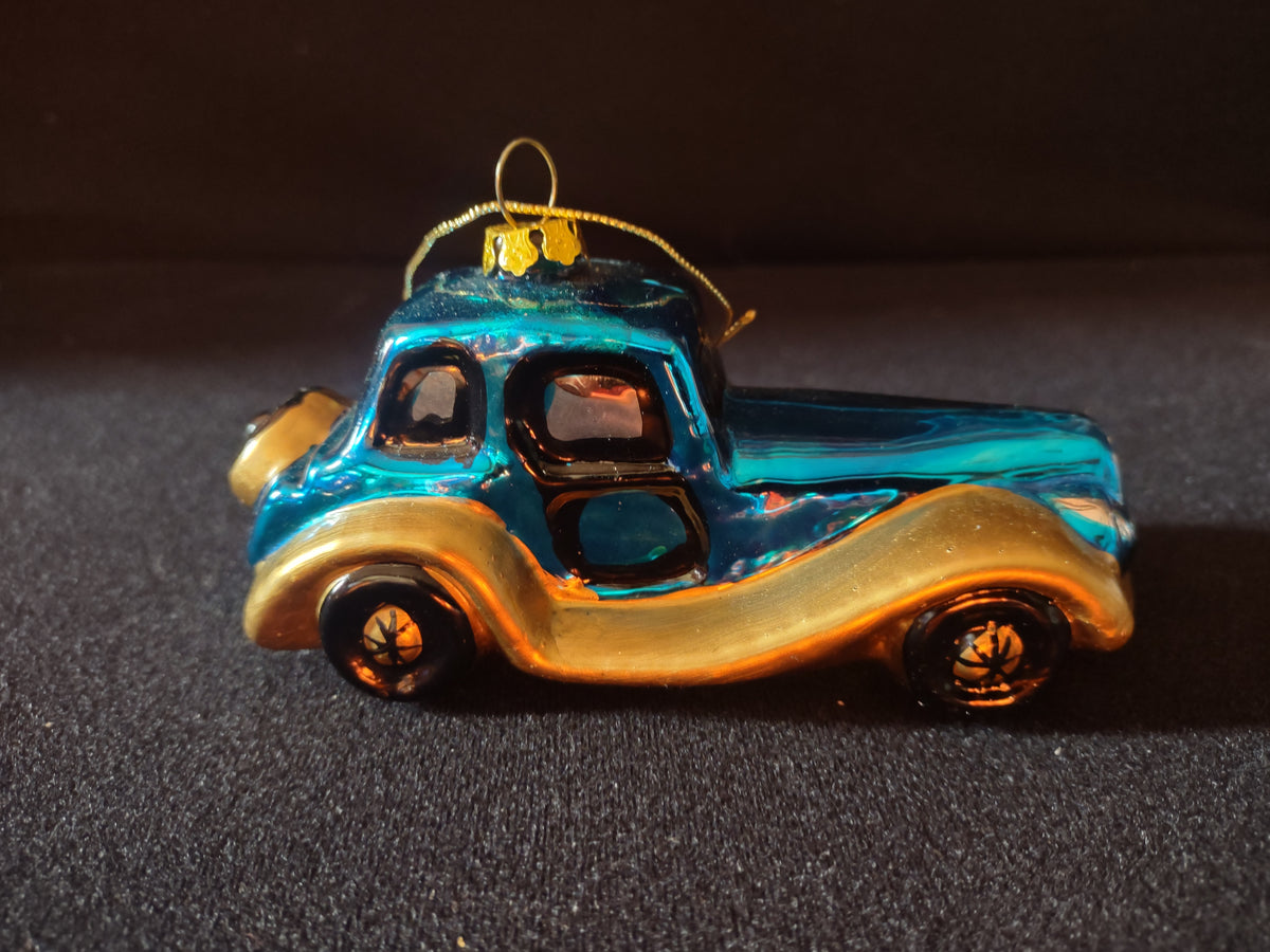 Teal blue and gold vintage car glass Christmas ornament side view