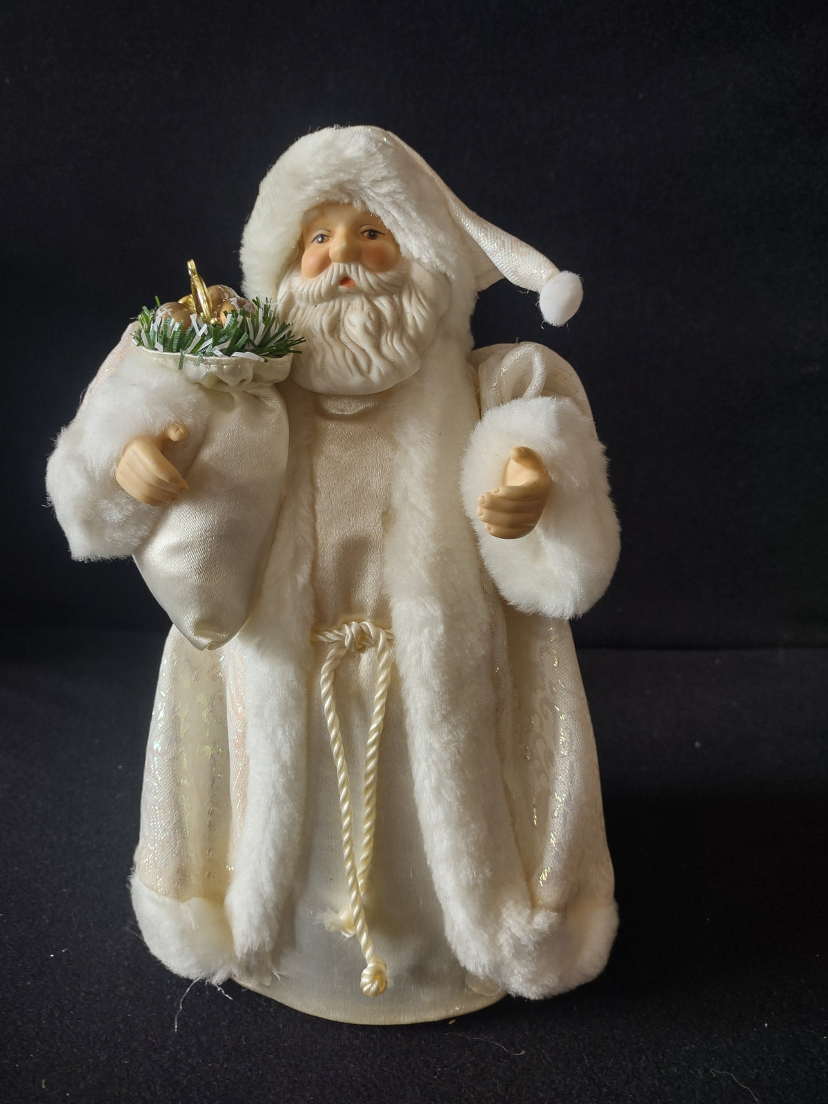 Vintage White Santa Claus Figure Sack Gold Ornaments Fur Trim Christmas [8181n]