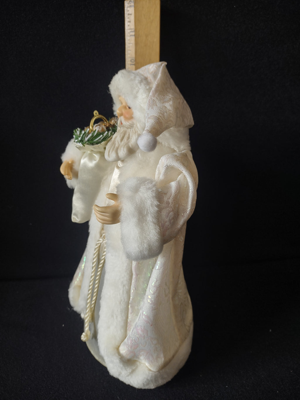 Vintage White Santa Claus Figure Sack Gold Ornaments Fur Trim Christmas [8181n]